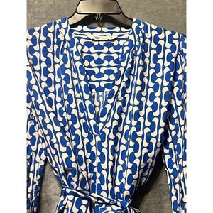 Zara Blue Cream Abstract Print Mini Dress XL Long Sleeve Belted 52 Bust